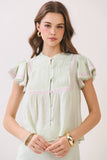 CT9946-Embroidered Ruffle Trim Detail Button Down Sleeve Top