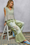 V-neck Floral Pattern Trim Ruffle Rib Knitted Sleeveless Top
