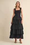ID8988-B FLORAL EYELET RUFFLE STRAP SMOCKED TIERED MAXI