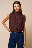 Draped Chiffon Mock Neck Sleeveless Top