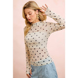 HIGH NECK LINE POLKA DOTS MESH TOP WITH THUMB OPENING