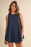 IST6095 DENIM LONGLINE SLEEVELESS TOP AND SHORTS SET