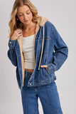 BUTTON DOWN FAUX FUR HOODED DENIM JACKET