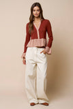 Gingham Trim Ruffle Knit Cardigan