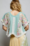 Round Neck Contrast Floral Eyelet Trim Rib Short Sleeve Top