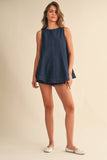 IST6095 DENIM LONGLINE SLEEVELESS TOP AND SHORTS SET