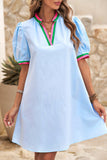 LDC Contrast Striped Detail Notched Neck Puff Sleeve Dress