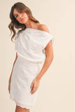 ID8182-A ASYMMETRIC OFF SHOULDER EYELET MINI DRESS