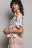 Round Neck Contrast Floral Eyelet Trim Rib Short Sleeve Top