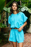 Scuba Bubble Hem And Sleeve Solid Crop Top