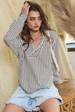 IT2283 V-neck Rounded Hem Striped Hoodie Top