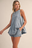 IST6095 DENIM LONGLINE SLEEVELESS TOP AND SHORTS SET
