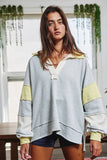 T2004E French Terry Color-block Collared Loose Fit Top