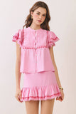 CT9946-Embroidered Ruffle Trim Detail Button Down Sleeve Top