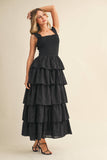 ID8988-B FLORAL EYELET RUFFLE STRAP SMOCKED TIERED MAXI