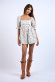 FLORAL PRINT HALF PUFF SLEEVE MINI ROMPER