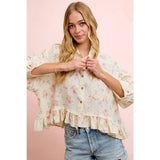 FLORAL CRINKLE QUARTER SLEEVE RUFFLE HEM SHIRT TOP
