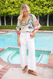 36751 Tassle Front and Fringe Wide Sleeve Floral Top