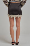SATIN TEXTURE MINI SKIRT WITH EYELASH LACE AND SHORTS LINING