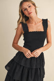 ID8988-B FLORAL EYELET RUFFLE STRAP SMOCKED TIERED MAXI