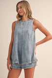 IST6095 DENIM LONGLINE SLEEVELESS TOP AND SHORTS SET