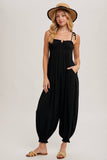 GAUZE SMOCKED BUTTON FRONT SHOULDER TIE JUMPSUIT