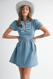 ND0002 Bow lace puff Mini Denim Dress