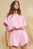 Scuba Bubble Hem And Sleeve Solid Crop Top