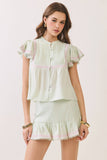 CT9946-Embroidered Ruffle Trim Detail Button Down Sleeve Top