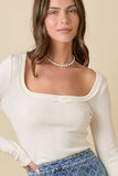 Square Neck Pointell Knit Top With Ribbon Bow