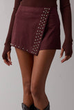 SUEDE STUDDED DETAIL ASYMMETRIC WRAPPED MINI SKORT