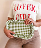 Gingham Ruffle Zipper Pouch Embroidery Friendly Cosmetic Bag