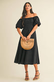 ID8981  PUFF SLEEVES OFF SHOULDER A- LINE MIDI DRESS