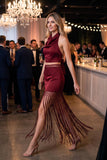 Satin Cowl Halter Top & Maxi Skirt Set with Fringe Detail
