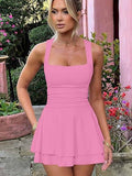 Mini dress with square neck waist pleated hem