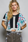 Round Neck Contrast Floral Eyelet Trim Rib Short Sleeve Top