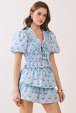 CT9889-Floral Print Ruffle Trim Puff Sleeve Tie Front Top