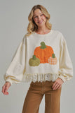 PUMPKIN APPLIQUE FALL THANKSGIVING TOP WITH EYELASH LACE HEM