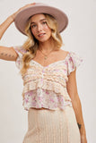 FLORAL PRINT RUFFLE LACE TRIMMED SWEETHEART NECK TOP