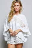 Floral Panel Textured Knit Ruffle Sleeve Oversized Top