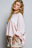 Floral Panel Textured Knit Ruffle Sleeve Oversized Top