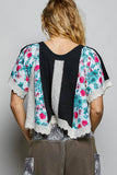 Round Neck Contrast Floral Eyelet Trim Rib Short Sleeve Top