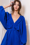 R5268D  Smocked V-neck Ruffled Solid Woven Romper