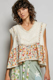 V-neck Floral Pattern Trim Ruffle Rib Knitted Sleeveless Top