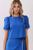 CT10057-Whipstitch Trim Puff Sleeve Crop Top