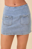 Mini Denim Skort With Front Pocket And Ribbon Bow