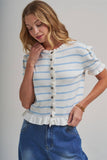 STRIPE KNITTED SWEATER BUTTON DOWN CARDIGAN TOP WITH RUFFLE