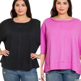 PLUS SIZE Rib Boat Neck Dolman Sleeve Top W Front Seam