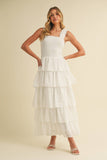 ID8988-B FLORAL EYELET RUFFLE STRAP SMOCKED TIERED MAXI