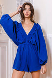 R5268D  Smocked V-neck Ruffled Solid Woven Romper
